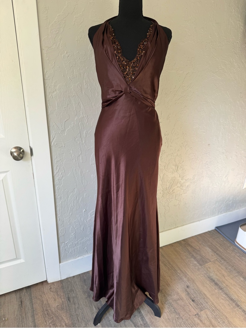 Faviana New York Y2K Vintage Brown Beaded Satin Dress